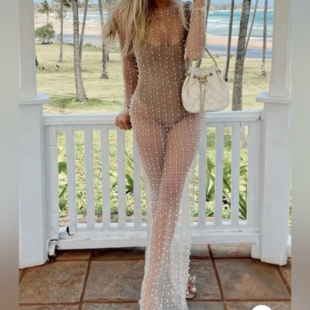 COPY - Faux pearl and sparkle breezy sheer maxi dress.